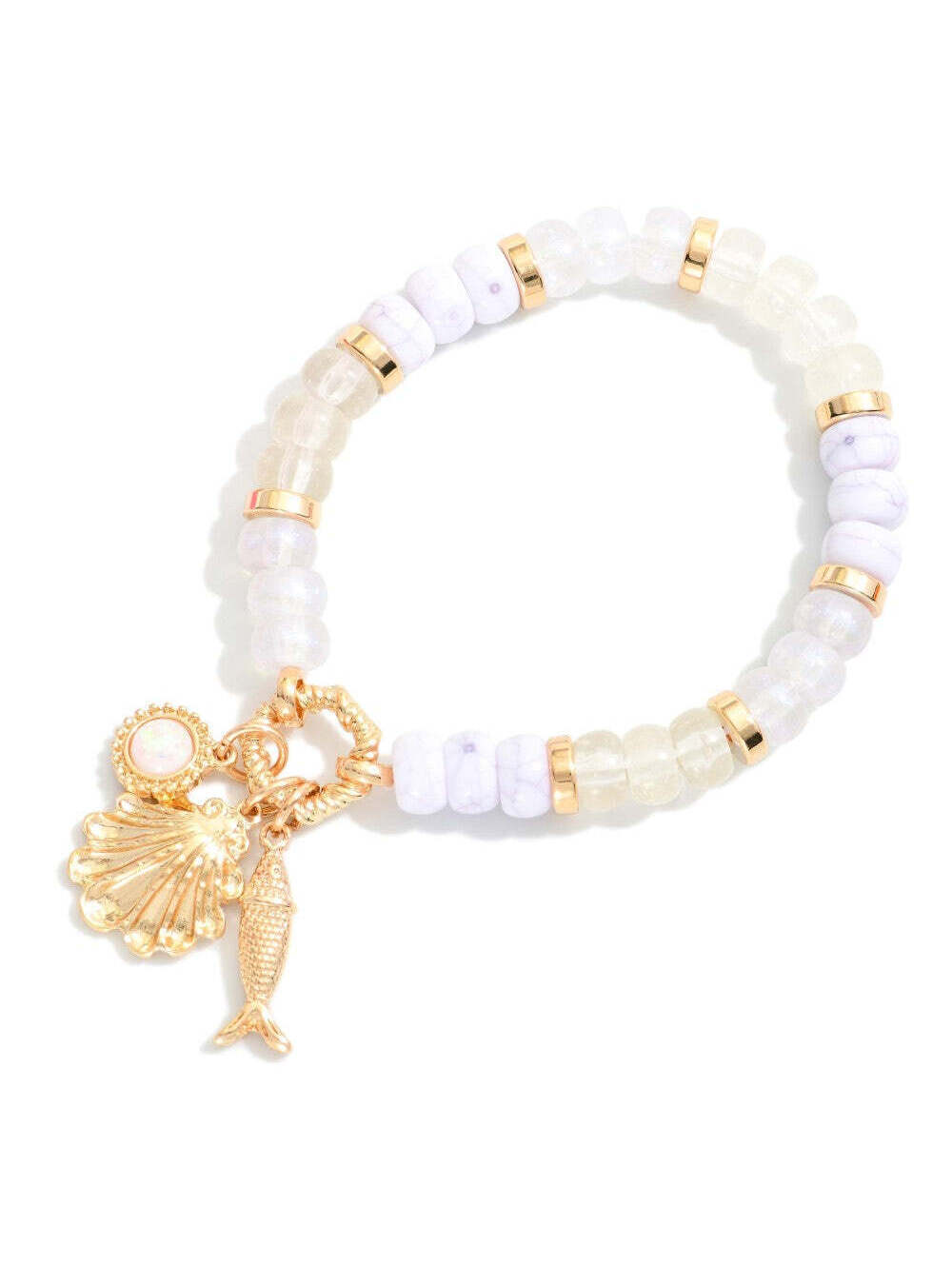 Candy Stone Beaded Stretch Bracelet with Gold Beach Charms White